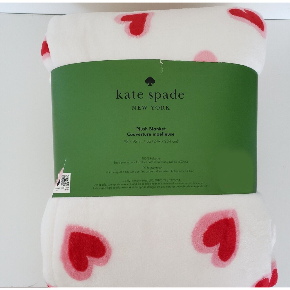 Kate Spade Full Queen Red Pink Hearts Print Plush Blanket